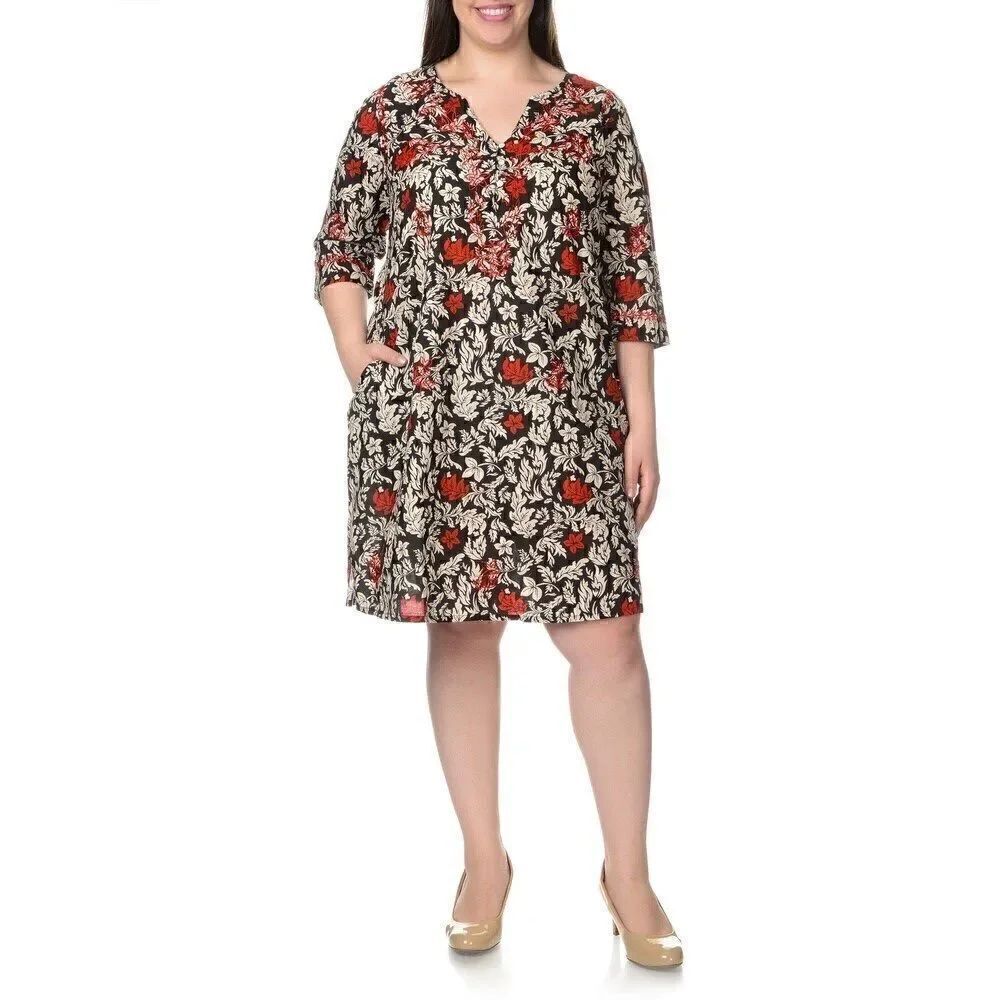 La Cera Embroidered Floral Print Black/Red Caftan